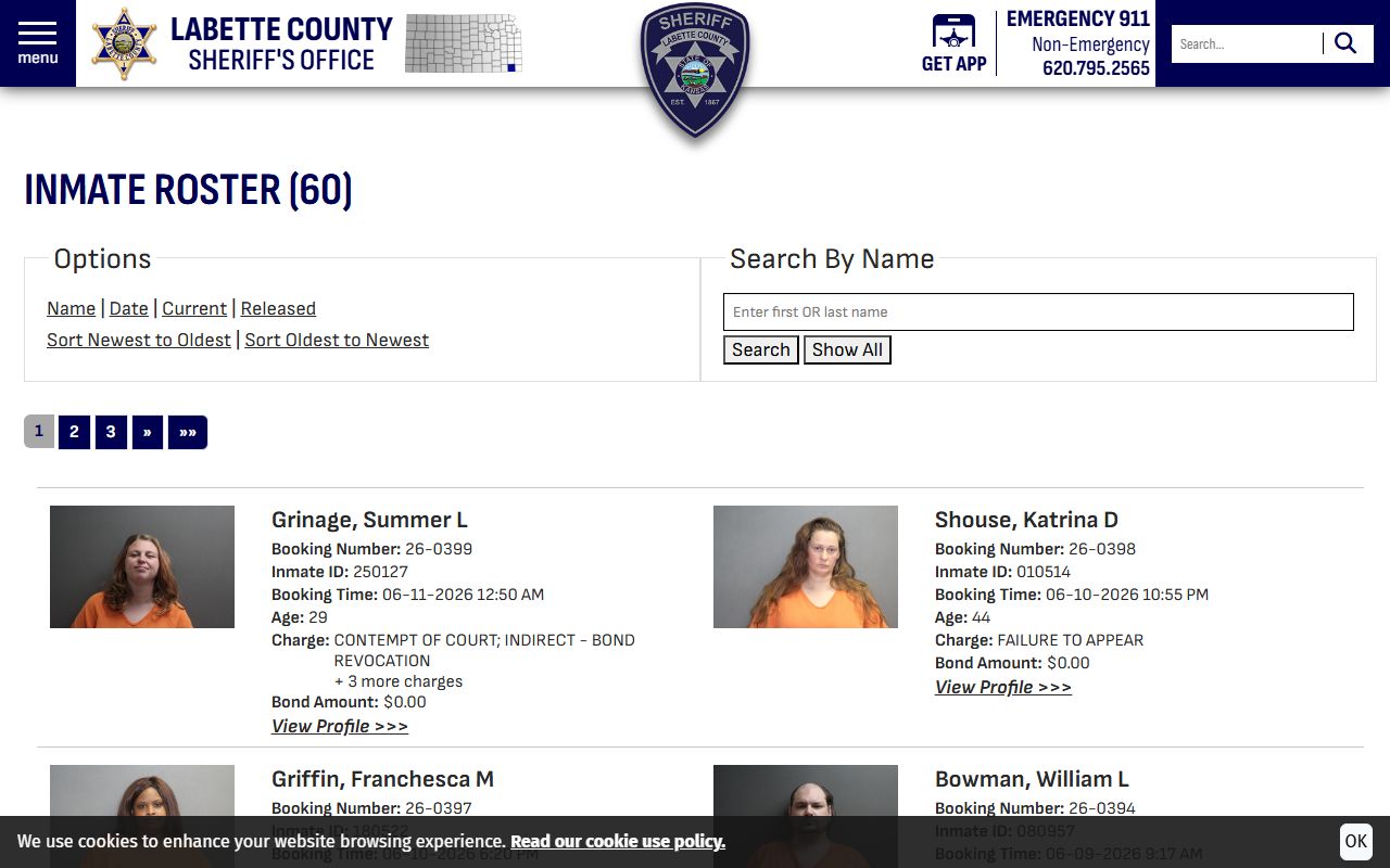 Labette County inmate roster current custody search