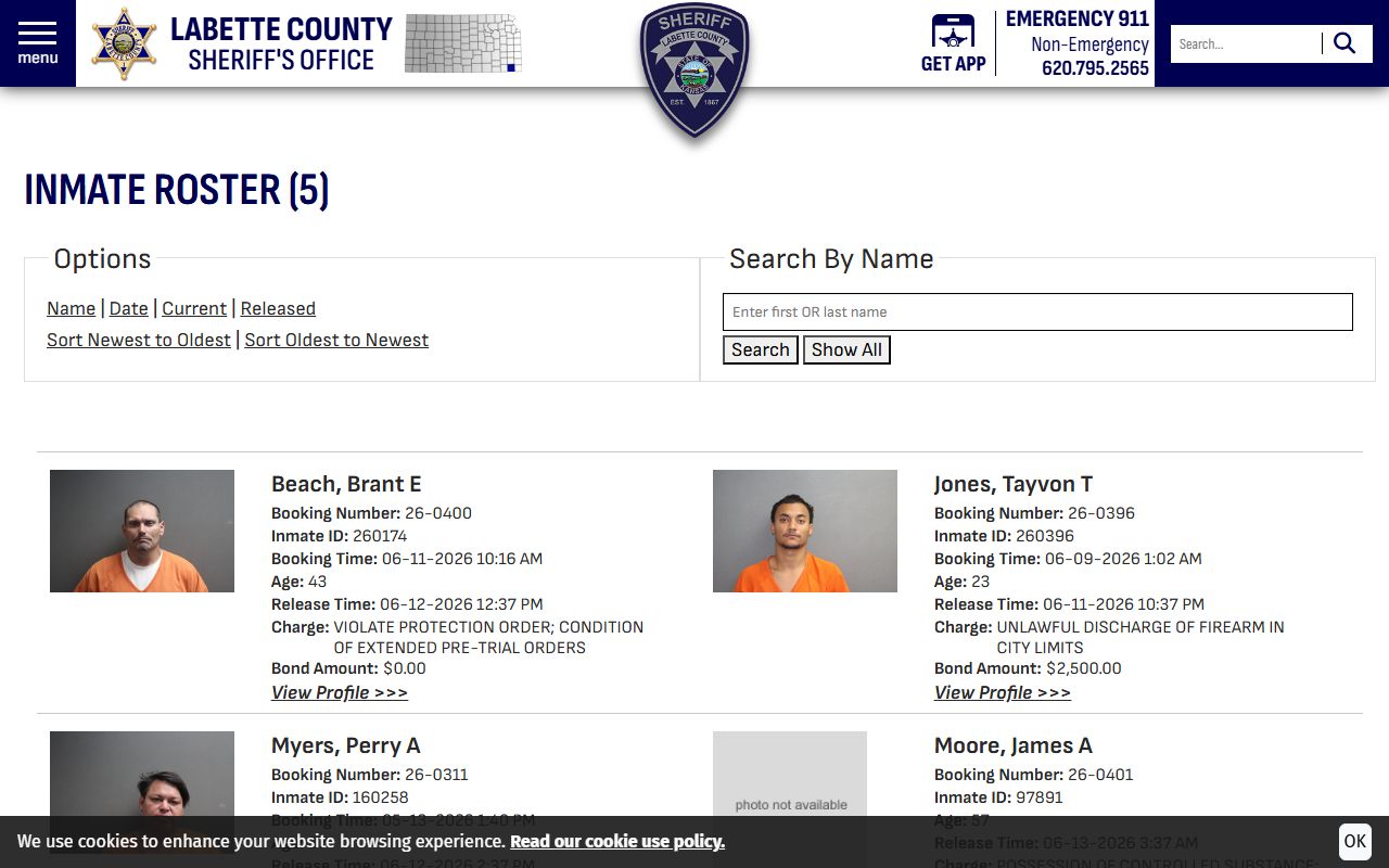 Labette County released roster mugshots and booking records